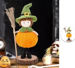 Bambola zucca con scopa ornamentale 15 cm