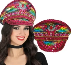 Berretto da poliziotto rosa con strass multicolori per adulti