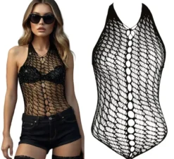 Body a rete nera da donna con strass
