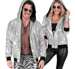 Bomber moda argento con cappuccio e paillettes per adulto