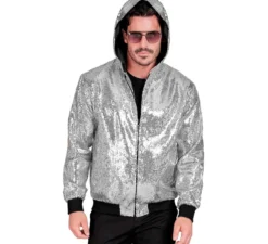 Bomber moda argento con cappuccio e paillettes per adulto