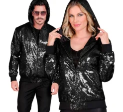 Bomber Moda nero con cappuccio e paillettes per adulto