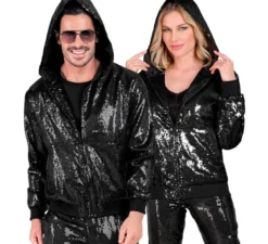 Bomber Moda nero con cappuccio e paillettes per adulto
