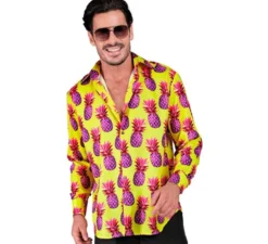 Camicia a maniche lunghe da uomo con stampa ananas neon