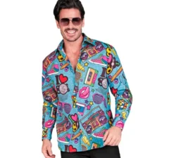 Camicia a maniche lunghe da uomo con stampa retrò anni '80