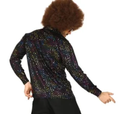 Camicia da uomo nera multicolore anni '70 in stile disco
