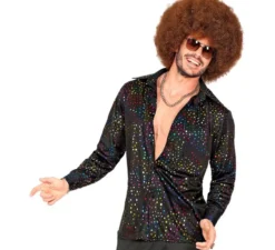 Camicia da uomo nera multicolore anni '70 in stile disco