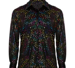 Camicia da uomo nera multicolore anni '70 in stile disco