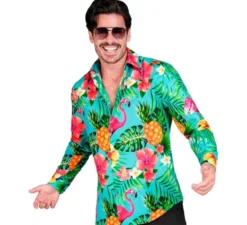 Camicia hawaiana a maniche lunghe con stampa tropicale da uomo