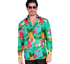 Camicia hawaiana a maniche lunghe con stampa tropicale da uomo