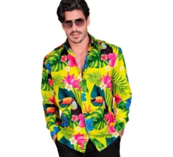 Camicia hawaiana a maniche lunghe con stampa tucano da uomo