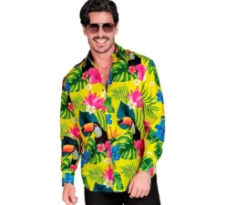 Camicia hawaiana a maniche lunghe con stampa tucano da uomo
