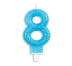 Candela di compleanno con glitter numero 8 blu