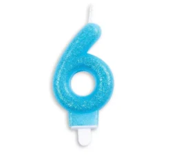 Candela di compleanno con glitter numero 6 blu