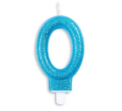 Candela di compleanno con glitter numero 0 blu