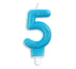 Candela di compleanno con glitter numero 5 blu