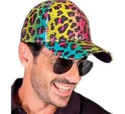 Cappellino con stampa animalier leopardata arcobaleno e paillettes