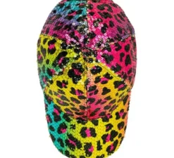 Cappellino con stampa animalier leopardata arcobaleno e paillettes