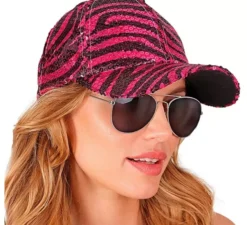 Cappellino con stampa animalier zebrata rosa e paillettes