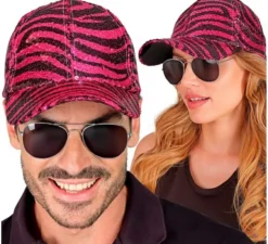 Cappellino con stampa animalier zebrata rosa e paillettes