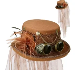 Cappello a cilindro Steampunk in feltro con velo