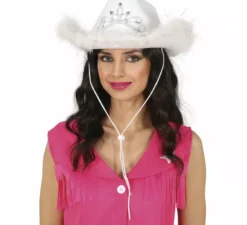 Cappello da cowboy per adulti con boa in feltro bianco