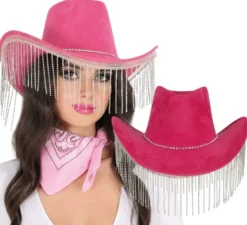 Cappello da cowboy rosa per adulti con frange