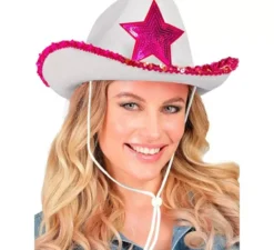 Cappello da cowgirl bianco con paillettes rosa
