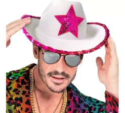 Cappello da cowgirl bianco con paillettes rosa