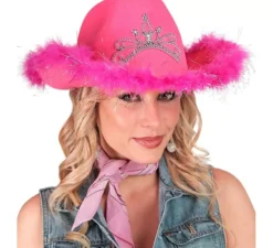 Cappello da cowgirl con tiara e rifiniture in piume in vari colori