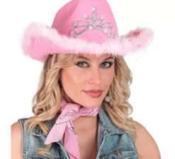 Cappello da cowgirl con tiara e rifiniture in piume in vari colori