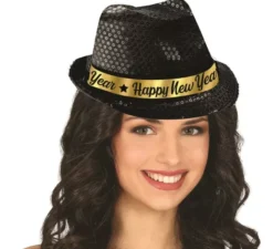 "Cappello da gangster con paillettes nere e scritta ""Happy New Year"""