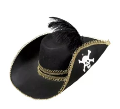 Cappello da pirata nero con piuma in feltro