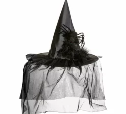 Cappello da strega con tulle, piume e ragno