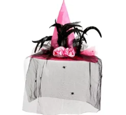 Cappello da Strega con Velo in Raso, Ragni e Piume Rosa, circonferenza 59 cm