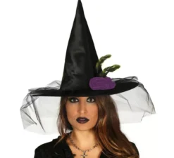 Cappello da strega nero con velo