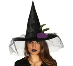 Cappello da strega nero con velo