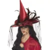 Cappello da strega rosso con piume e velo