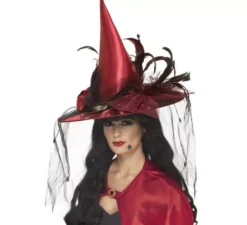 Cappello da strega rosso con piume e velo