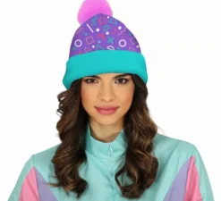 Cappello in lana turchese e rosa per adulto anni '80
