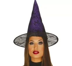 Cappello strega lilla con ragnatele e ragni