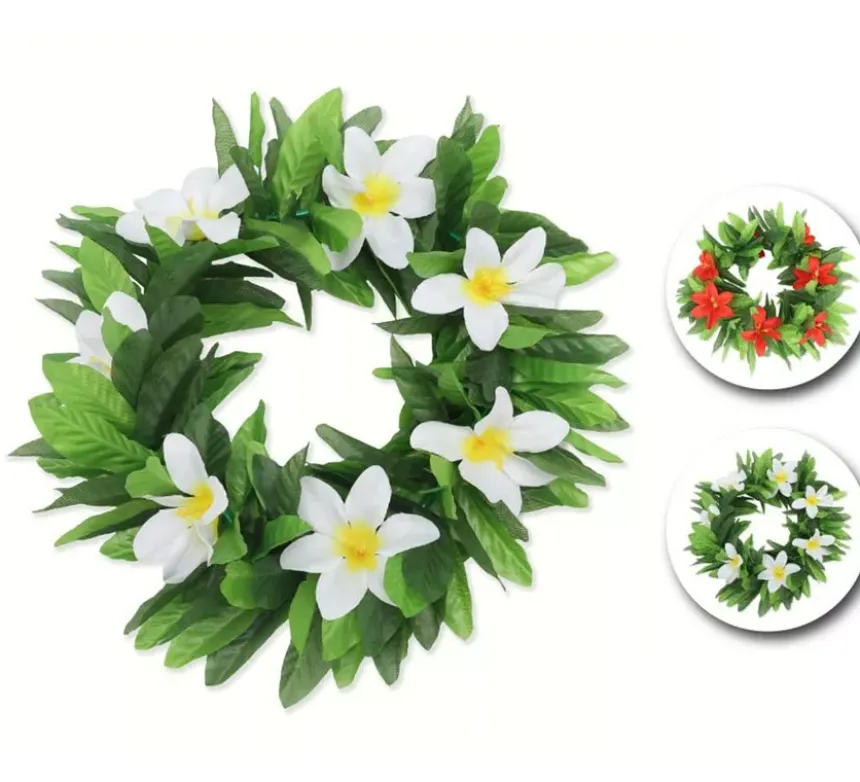 Cerchietto Hawaii con foglie e fiori in colori assortiti
