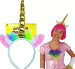 Cerchietto per unicorno multicolore con corno dorato per bambini