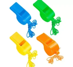 Confezione da 4 fischietti con corda in colori assortiti