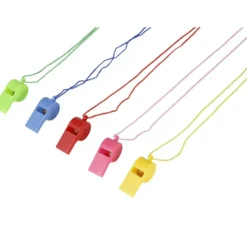 Confezione da 4 fischietti con corda in colori assortiti