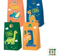 Confezione da 4 sacchetti di carta a forma di dinosauro con adesivi