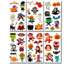Confezione da 6 tatuaggi di cartoni animati di Halloween in modelli assortiti da 6,8 cm