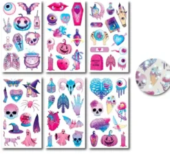 Confezione da 6 tatuaggi Halloween glitter rosa in modelli assortiti da 6,8 cm