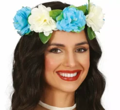Corona di fiori bianchi e blu di 20 cm