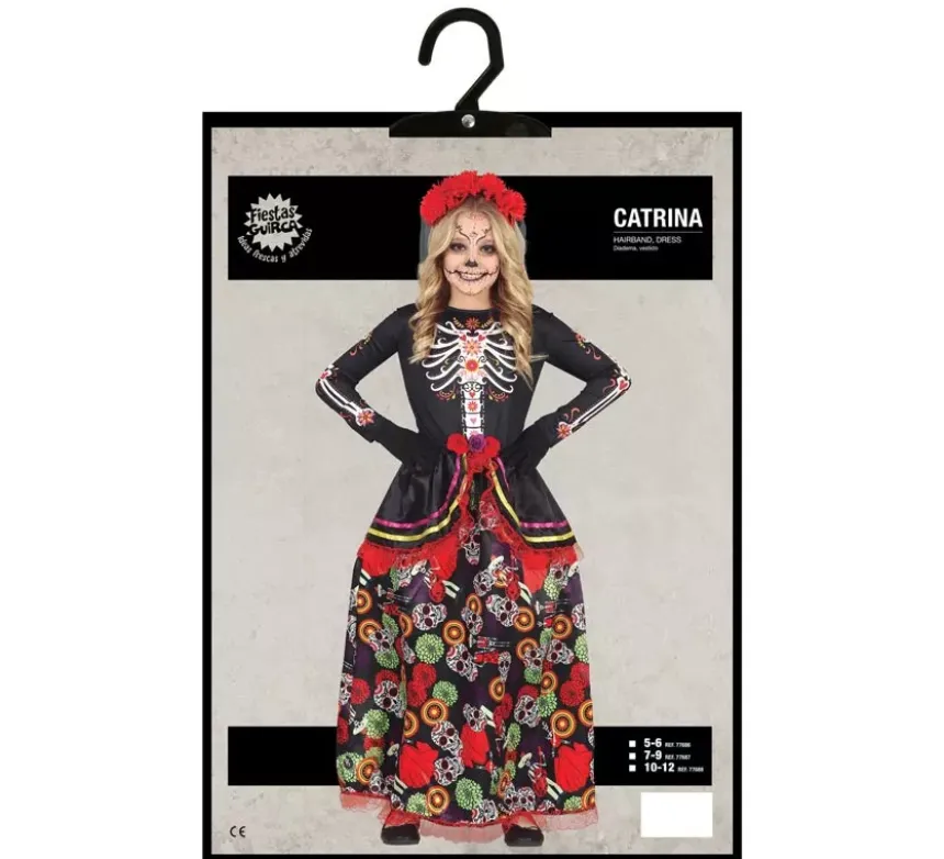Costume Catrina con gonna lunga stampata per bambina